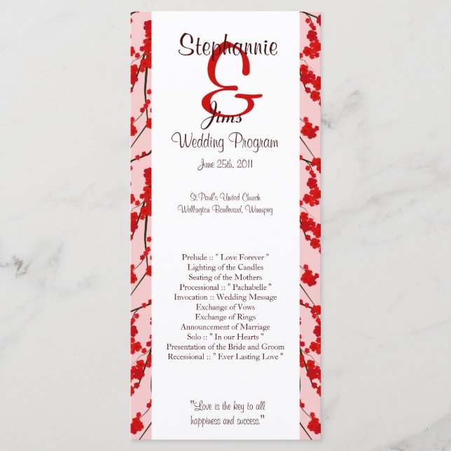 25 4x9 Hochzeitsprogramm Roter Kirschblossom Programm (Vorderseite)