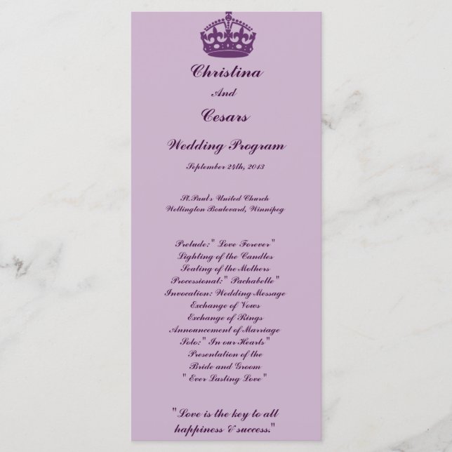 25 4x9 Hochzeitsprogramm Royal Lila Crown/Wirbel Programm (Vorderseite)
