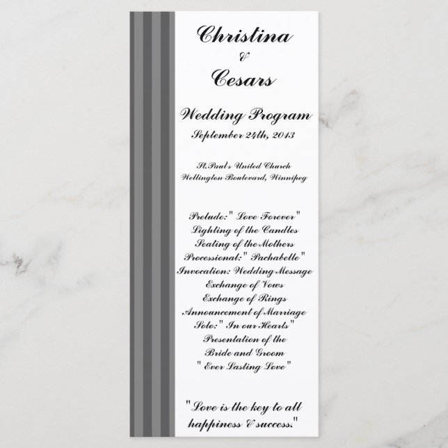25 4x9 Hochzeitsprogramm Schwarz-Grau-Blüh Streife Programm (Vorderseite)
