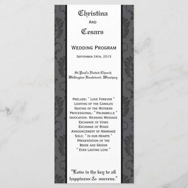 25 4x9 Hochzeitsprogramm Schwarzes Grau formales G Programm (Vorderseite)