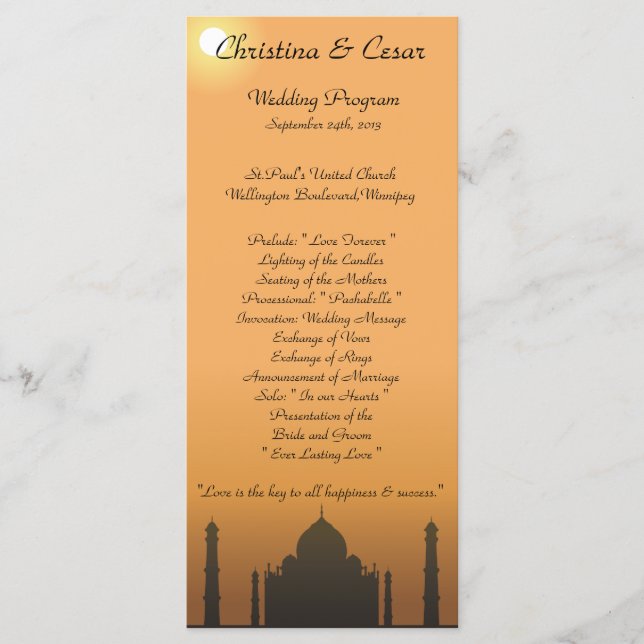 25 4x9 Hochzeitsprogramm Taj Mahal Sunset Orange Y Programm (Vorderseite)