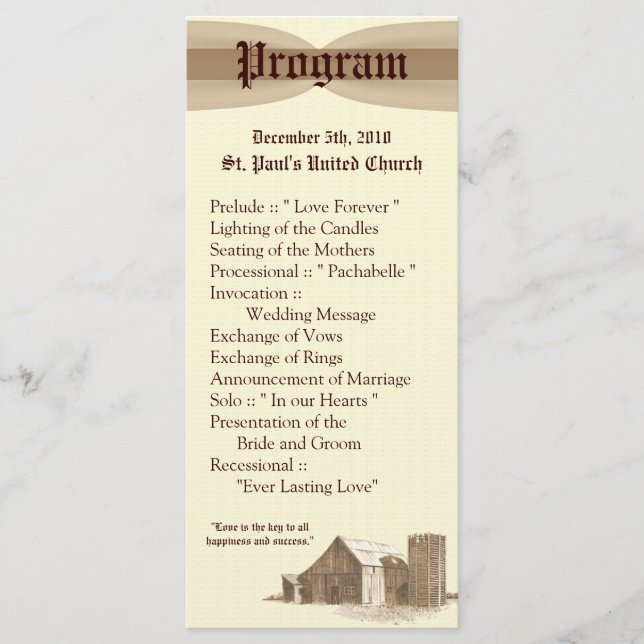 25 4x9 Hochzeitsprogramm Vintage Landbauernhof Programm (Vorderseite)