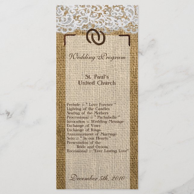 25 4x9 Hochzeitsross auf Burlap Lace Programm (Vorderseite)