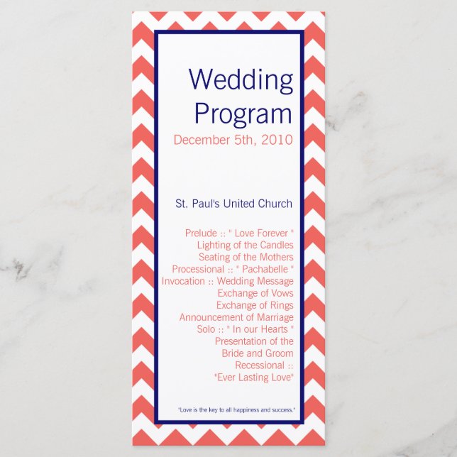 25 4x9 Programme de mariage Coral Marine Bleu Chev (Devant)