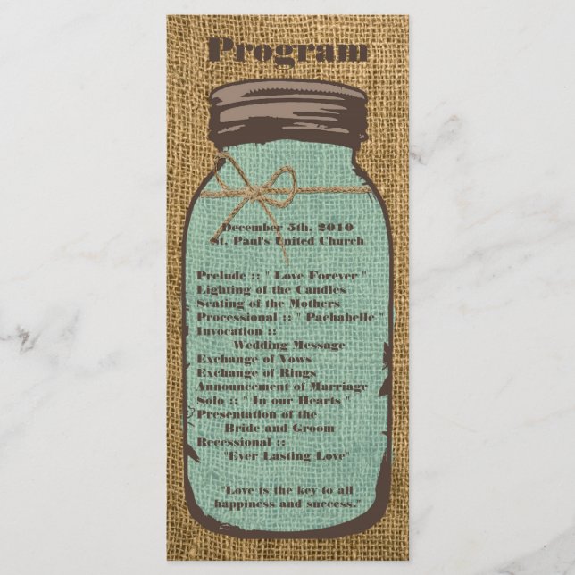 25 4x9 Programme de mariage Mason Jar Burlap Pays (Devant)