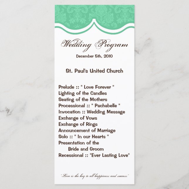 25 4x9 Programme de mariage Mint Gree Blanc Dentel (Devant)