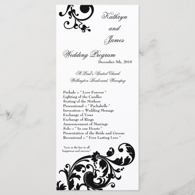 25 4x9 Programme de mariage Noir Blanc Floral Fili (Devant)