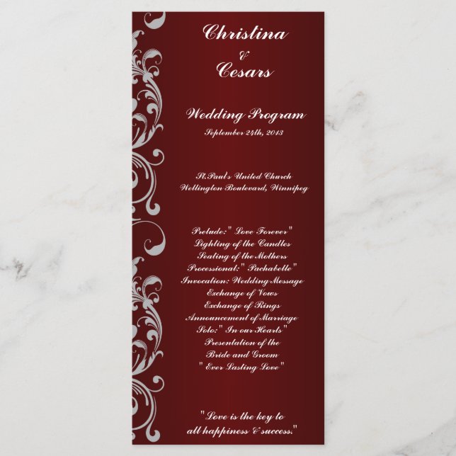 25 4x9 Programme de mariage Noir Maroon Gris Fils  (Devant)