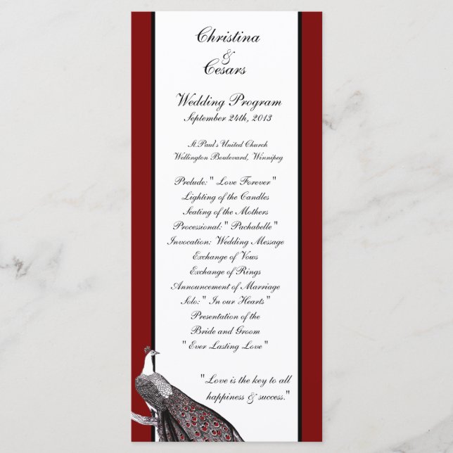 25 4x9 Programme de mariage Peacock Rouge Noir Bla (Devant)