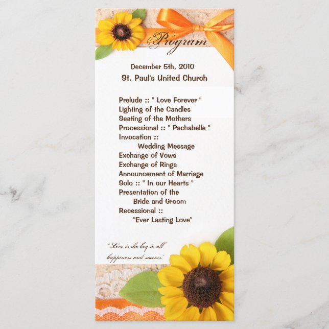 25 4x9 Programme de mariage Tournesol rustique Pay (Devant)