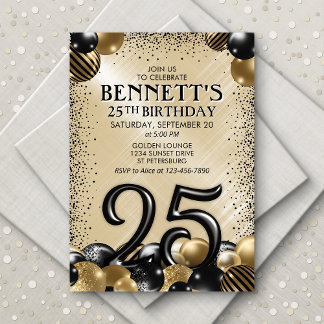 25. Balloons Black Gold Geburtstag Einladung