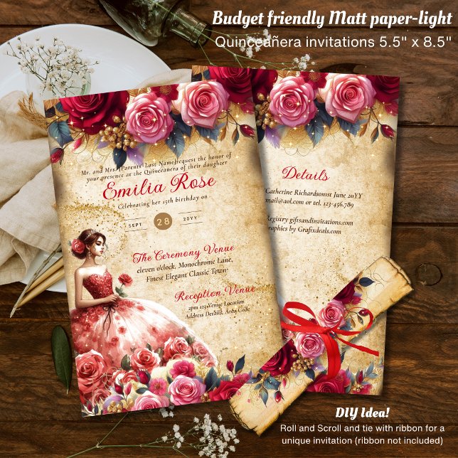 25 Budget Red Perchment Look Quinceanera DIY Flyer (Von Creator hochgeladen)