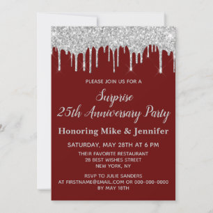 25. Burgund & Silver Überraschung Jubiläum Party Einladung