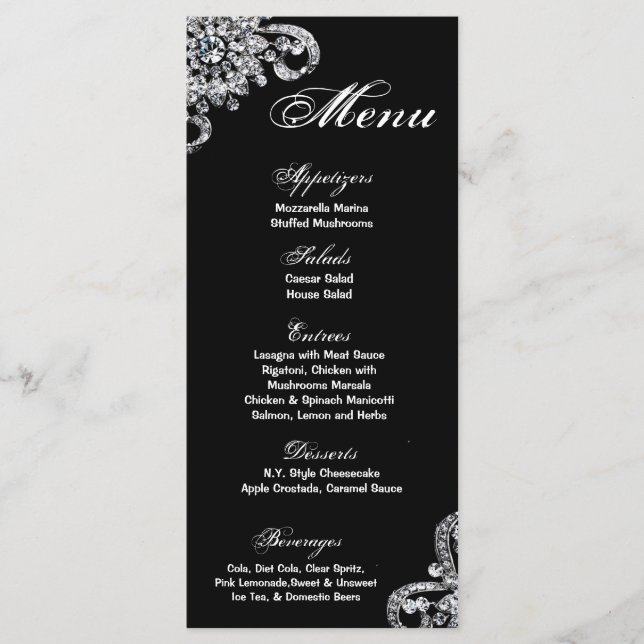25 Cartes de menu Collier Diamant Bijoux Bling (Devant)