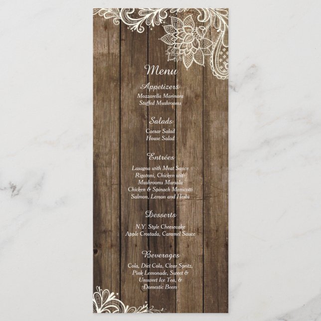 25 Cartes de menu du Mariage campagnard en dentell (Devant)