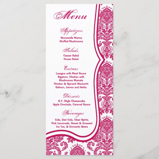 25 Cartes de menu Fusia White Damask Lace Patter d (Devant)