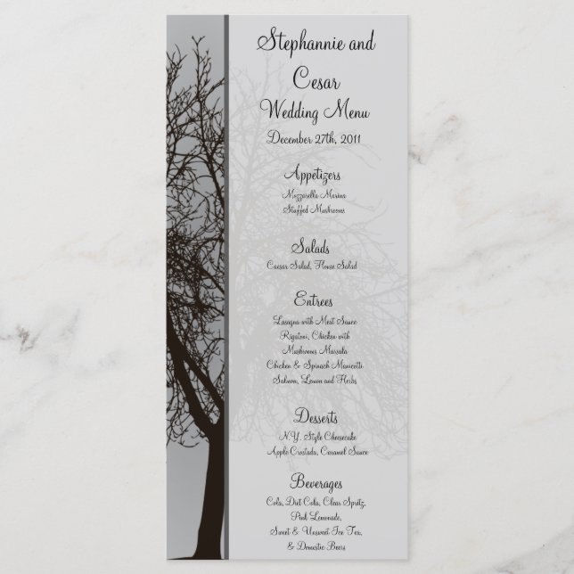 25 Cartes de menu Gris Arbres d'hiver Neige nu (Devant)