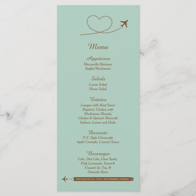 25 Cartes de menu Mariage Coeur d'avion bleu (Devant)