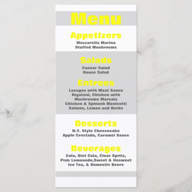 25 Cartes de menu Moderne Neon Gris Jaune 80s Rétr (Devant)