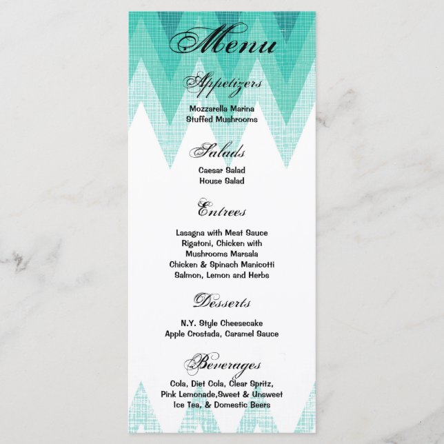 25 Cartes de menu Ombre Turquoise Chevron (Devant)