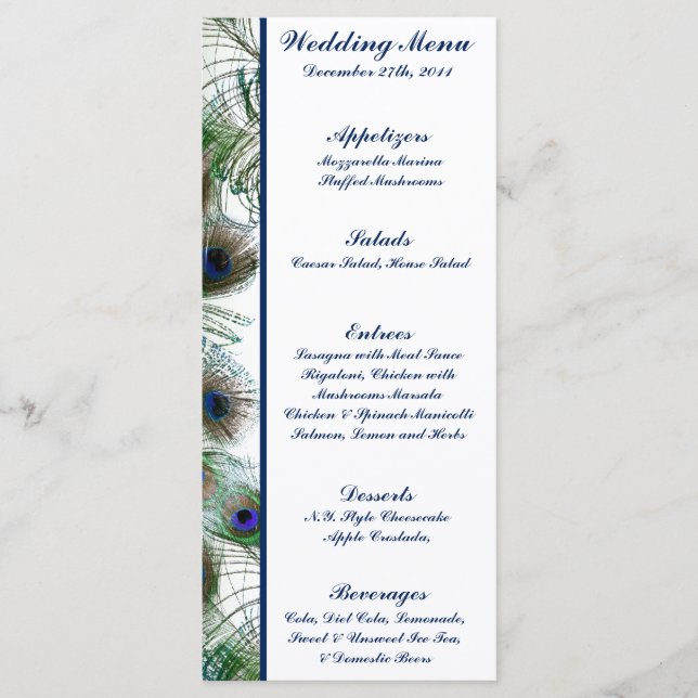25 Cartes de menu Plumes Peacock Bleu/Vert élégant (Devant)