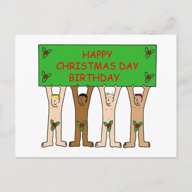25. Dezember Geburtstag Spaß Männer mit Holly Postkarte (Vorderseite)
