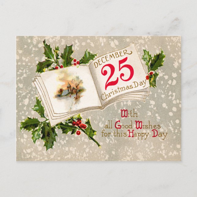 25. Dezember Kirche Holly Snow Postkarte (Vorderseite)