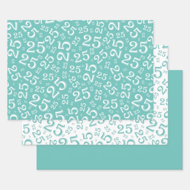 25. Geburtstag Aquamarines und weißes Zahlenmuster Geschenkpapier Set (Set)