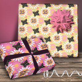 25. Geburtstag Butterfly Daisies Geschenkpapier Set