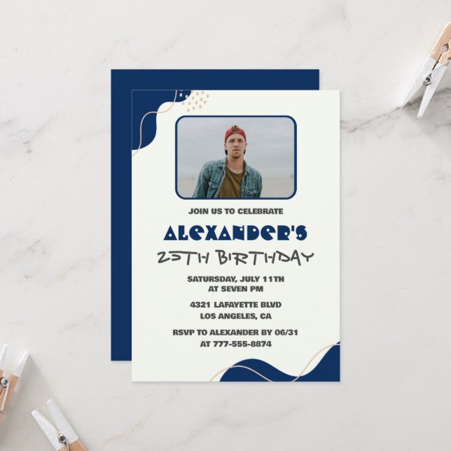 25. Geburtstag Einladungen Männer Blue Simple Foto (Vorderseite/Rückseite Beispiel)