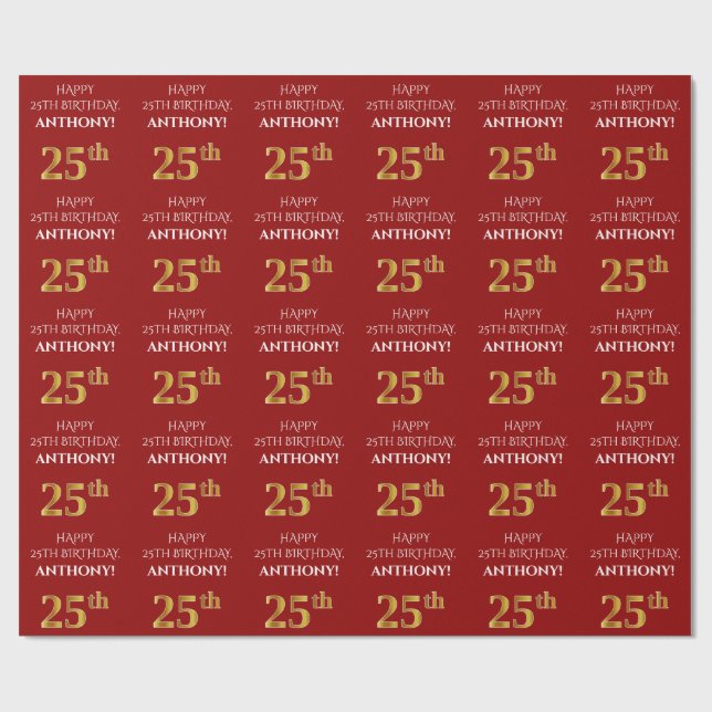 25. Geburtstag: Elegant, rot, Imitate Gold Look Geschenkpapier (Flach)