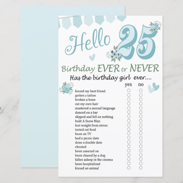 25. Geburtstag Ever oder Nie Game (Vorne/Hinten)