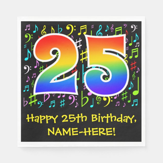 25. Geburtstag - Farbige Musiksymbole, Regenbogen  Serviette (Vorderseite)