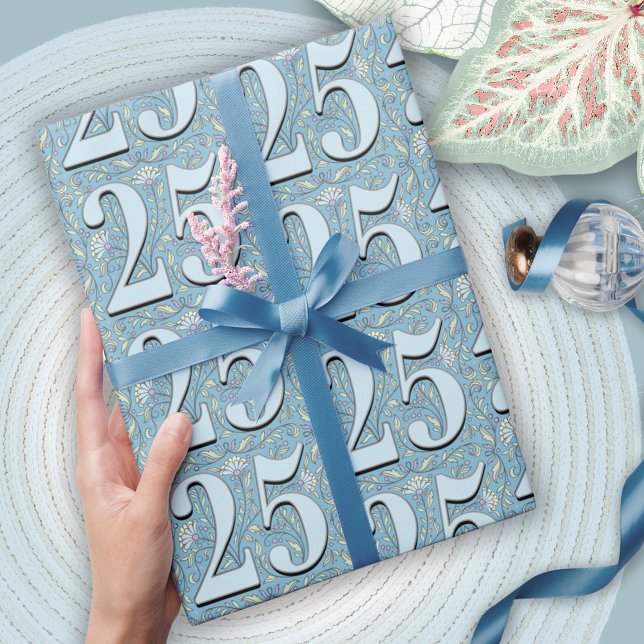 25. Geburtstag Filigree Blumentypografie Geschenkpapier (Von Creator hochgeladen)
