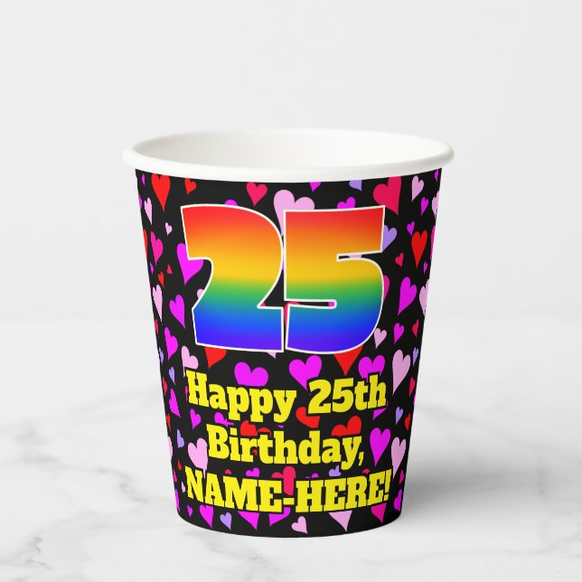 25. Geburtstag: Loving Hearts Pattern, Regenbogen  Pappbecher (Vorderseite)