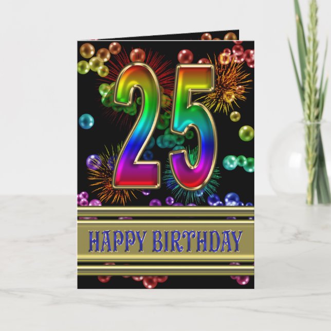 25. Geburtstag mit Regenbogenblasen und Feuerwerk Karte (Vorderseite)