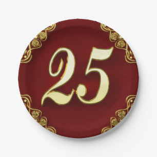 25. Geburtstag oder Jahrestag Regal Gold und Rot Pappteller