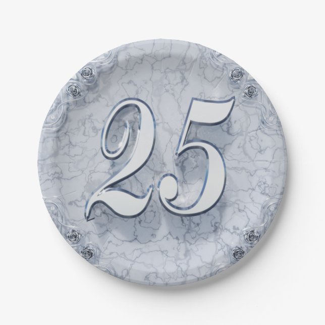 25. Geburtstag oder Jubiläum Regal Silver Marble Pappteller (Vorderseite)