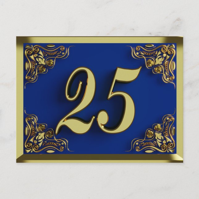 25. Geburtstag Regal Gold Blue Einladung Postkarte (Vorderseite)