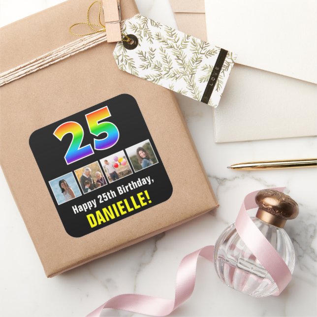 25. Geburtstag: Regenbogen "25"; benutzerdefiniert Quadratischer Aufkleber (Schenken)