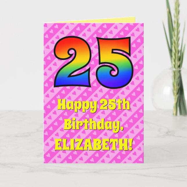 25. Geburtstag: Rosa Streifen & Herz, Regenbogen # Karte (Vorderseite)