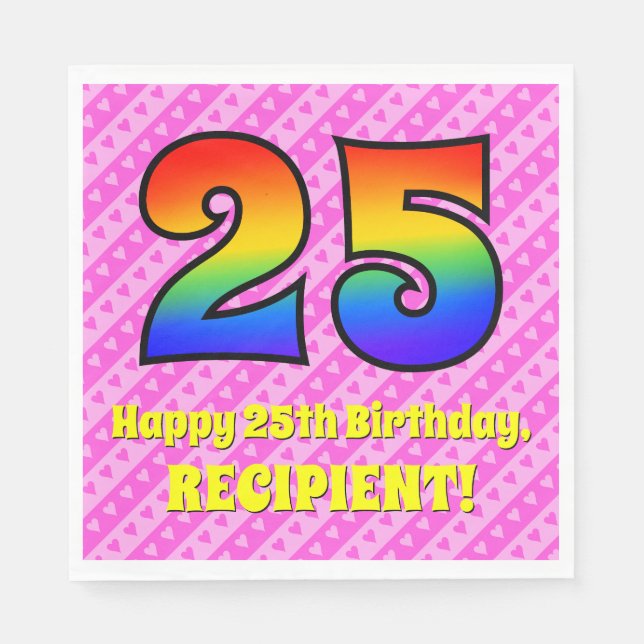 25. Geburtstag: Rosa Streifen & Herz, Regenbogen # Serviette (Vorderseite)