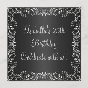 25. Geburtstag Schwarz & Silber Floral Metall Einladung