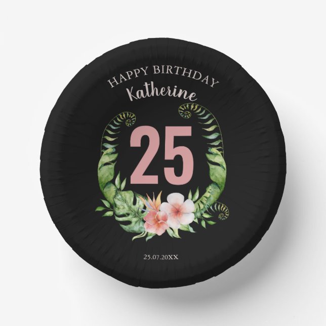 25. Geburtstag schwarzer Floral Skriptname Pappteller (Vorderseite)