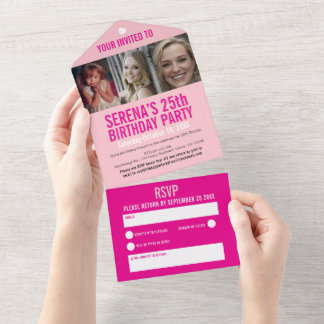 25. Geburtstagsfeier mit drei Fotos in Rosa All In One Einladung
