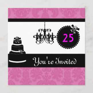 25. Geburtstagsparty Black & White & PINK Damask i Einladung