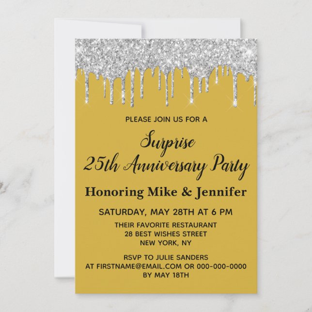 25. Gold Black Silver Überraschung Jubiläum Party Einladung (Vorderseite)