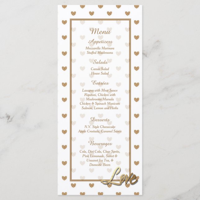 25 Gold Liebe Hearts Wedding Menu Cards Menükarte (Vorderseite)