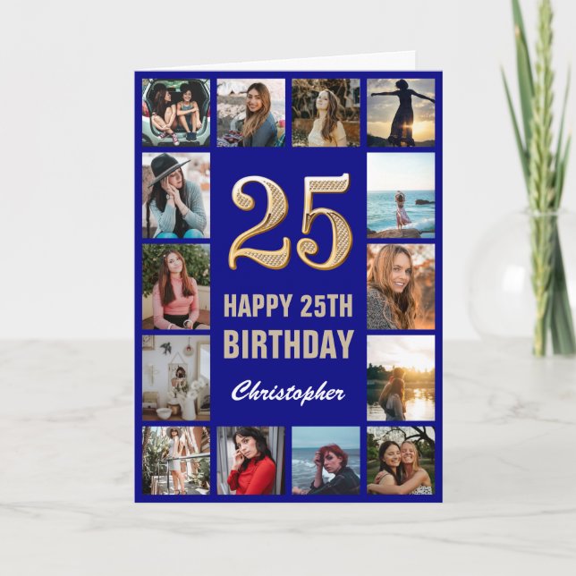 25. Happy Birthday Navy Blue & Gold Foto Collage Karte (Vorderseite)