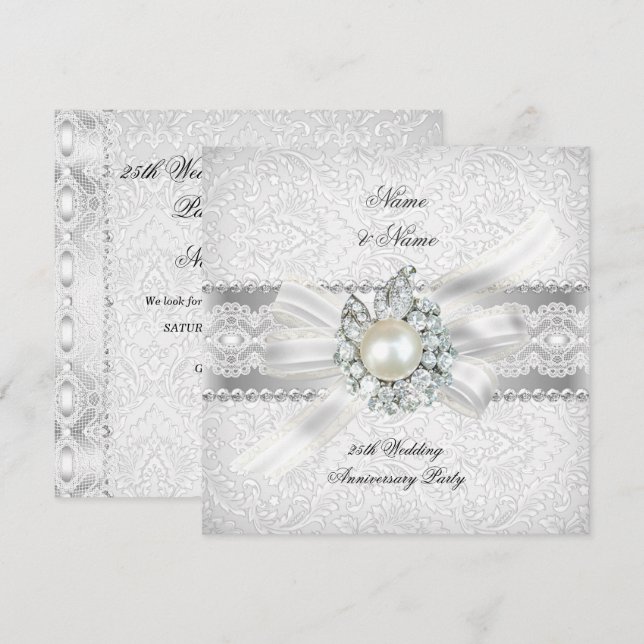25. Hochzeit Silver Jubiläum Party Lace Pearl Einladung (Vorne/Hinten)